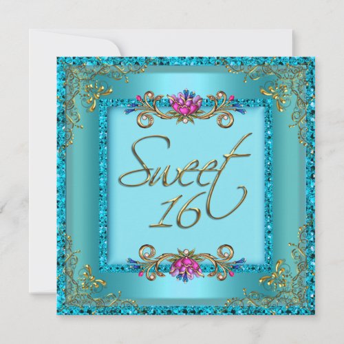 Sweet Sixteen 16 Birthday Teal Blue Gold Floral Invitation