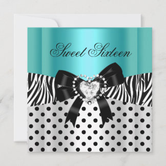 Sweet Sixteen 16 Birthday Teal Zebra Polka Dots Invitation