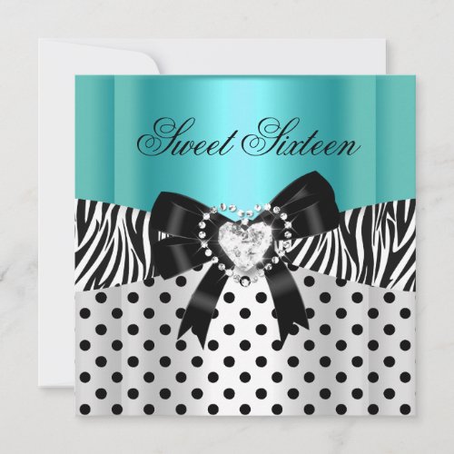 Sweet Sixteen 16 Birthday Teal Zebra Polka Dots Personalized Invitation
