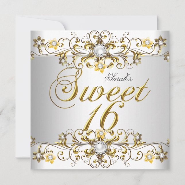 Sweet Sixteen 16 Birthday Yellow Gold Diamond 5 Invitation (Front)