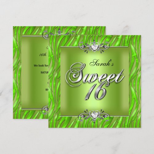 Sweet Sixteen 16 Birthday Zebra Lime Green Invitation