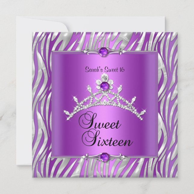Sweet Sixteen 16 Birthday Zebra Purple Silver Invitation (Front)