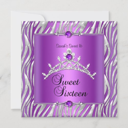 Sweet Sixteen 16 Birthday Zebra Purple Silver Invitation