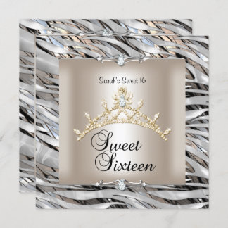 Sweet Sixteen 16 Birthday Zebra Silver Black Gold Invitation