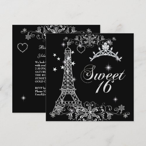 Sweet Sixteen 16 Black Silver Glitter Eiffel Tower Custom Invite