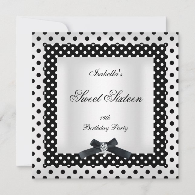 Sweet Sixteen 16 Black White Polka Dot Image 2 Invitation (Front)