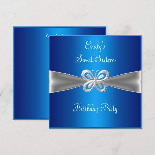 Sweet Sixteen 16 Blue Silver Butterfly Jewel 4 Invitation (Front/Back)