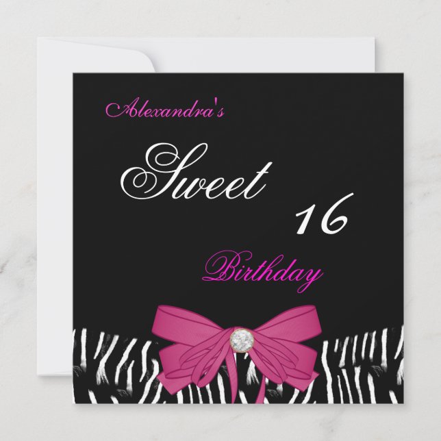 Sweet Sixteen 16 Bright Pink Zebra Black Bow Invitation (Front)