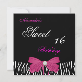 Sweet Sixteen 16 Bright Pink Zebra Black Bow Invitation
