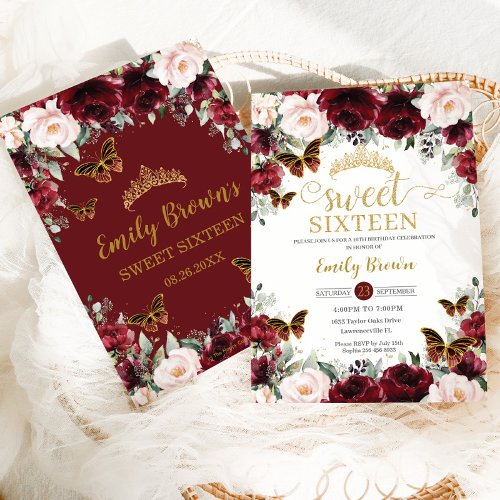 Sweet Sixteen 16 Burgundy Blush Floral Butterflies Invitation