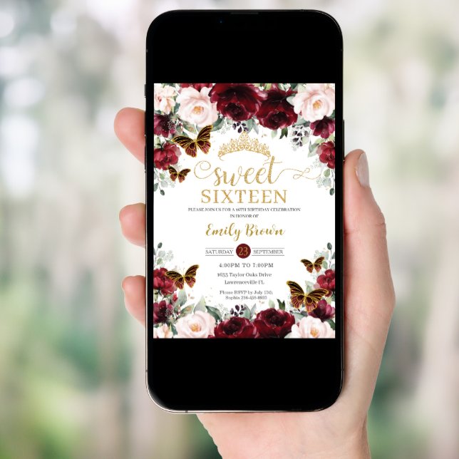 Sweet Sixteen 16 Burgundy Blush Floral Butterflies Invitation (Front Digital)