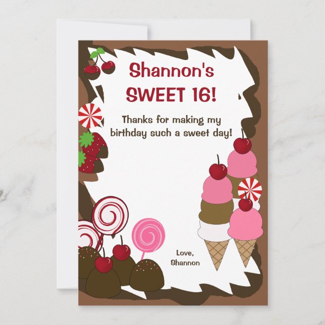 SWEET SIXTEEN 16 Candy Birthday FLAT THANK YOU Card (Front)