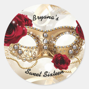 Sweet Sixteen 16 Cream Gold Masquerade Ball Party Classic Round Sticker