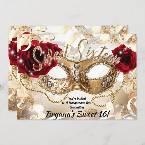 Sweet Sixteen 16 Cream Gold Masquerade Ball Party Invitation