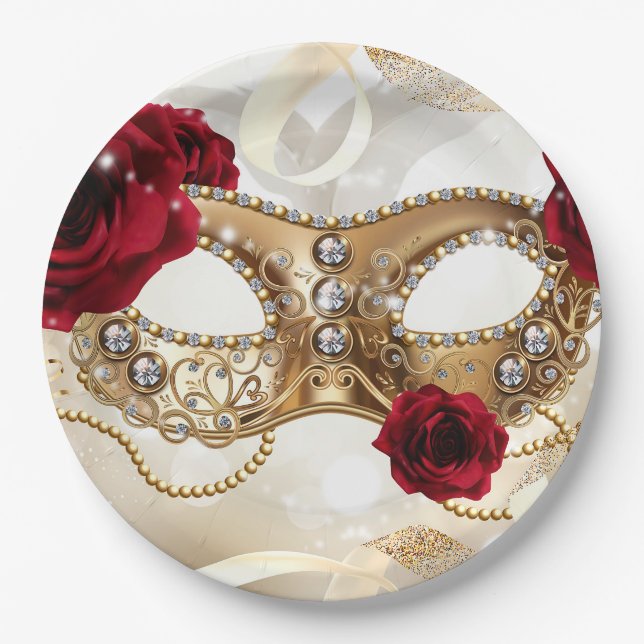 Sweet Sixteen 16 Cream Gold Masquerade Ball Party Paper Plates (Front)