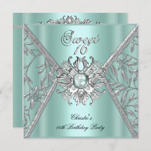 Sweet Sixteen 16 Damask Mint Blue White Silver Invitation (Front/Back)