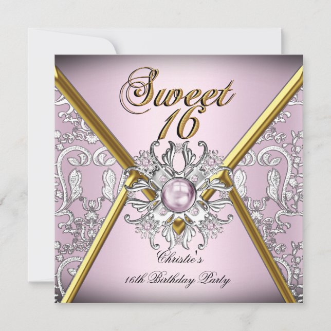 Sweet Sixteen 16 Damask Pink Gold White Silver Invitation (Front)