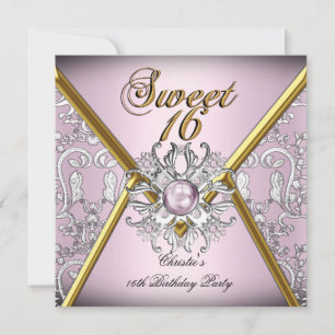 Sweet Sixteen 16 Damask Pink Gold White Silver Invitation