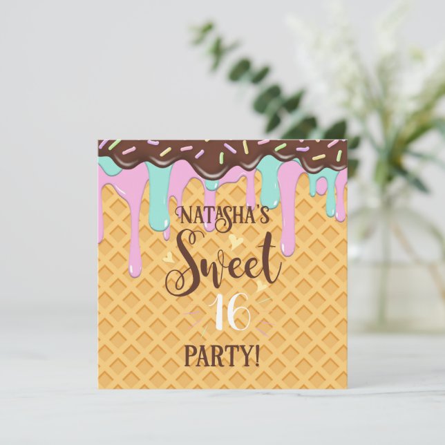 Sweet Sixteen 16 Drippy Waffle Cone Invitation (Standing Front)