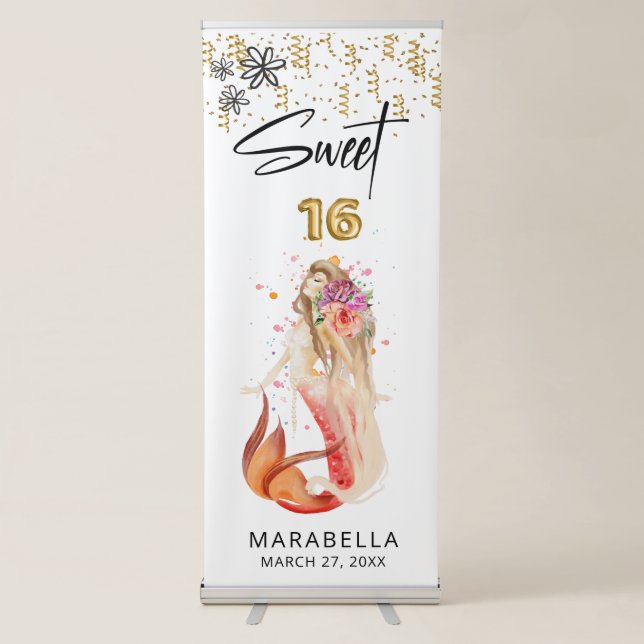 *~* SWEET SIXTEEN 16 Elegant Floral Mermaid  Retractable Banner (Front)