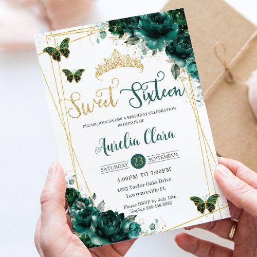 Sweet Sixteen 16 Emerald Green Floral Butterflies  Invitation