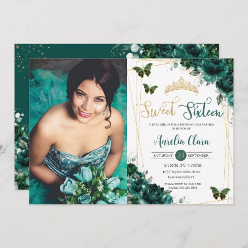 Sweet Sixteen 16 Emerald Green Floral Butterflies  Invitation