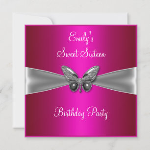 Sweet Sixteen 16 Fuschia Silver Butterfly Jewel Invitation