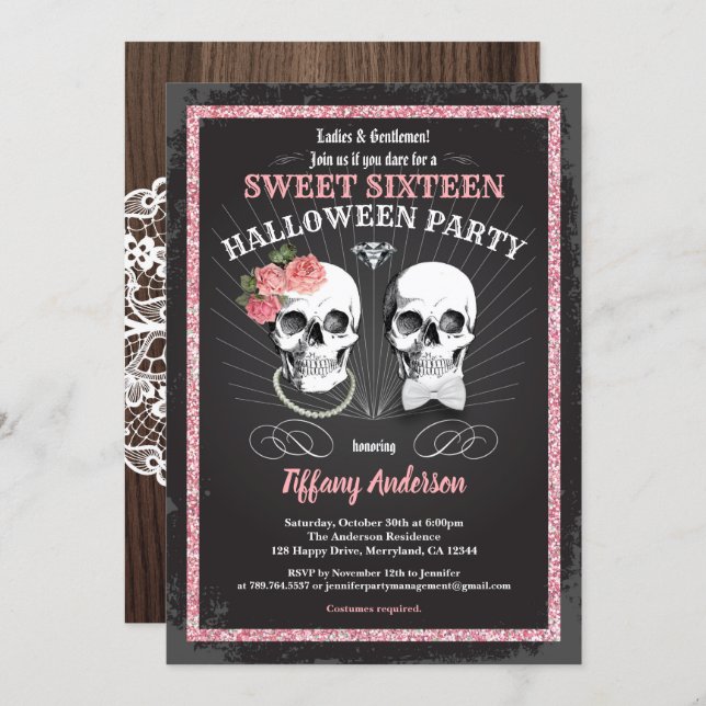 Sweet sixteen 16 Halloween birthday party pink Inv Invitation (Front/Back)