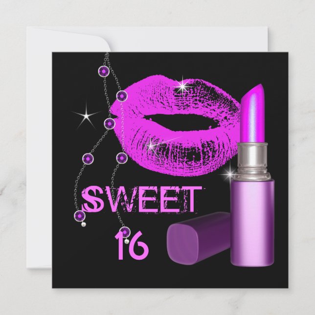 Sweet Sixteen 16 Hot Pink Lips Black Lipstick Invitation (Front)