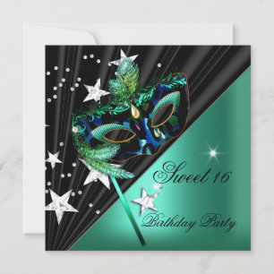 Sweet Sixteen 16 Jade Green Black Mask Invitation