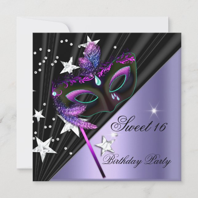 Sweet Sixteen 16 Lilac Black Silver Mask Invitation (Front)