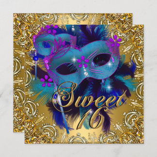 Sweet Sixteen 16 Masquerade Blue Gold Purple Invitation