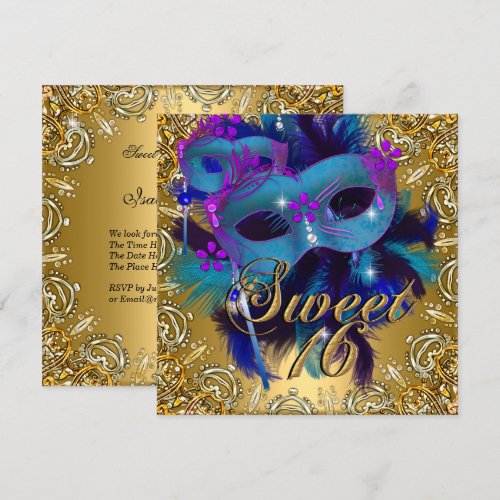 Sweet Sixteen 16 Masquerade Blue Gold Purple Personalized Invite