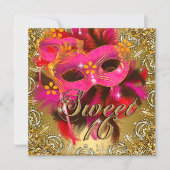 Sweet Sixteen 16 Masquerade Coral Pink Gold Invitation (Front)