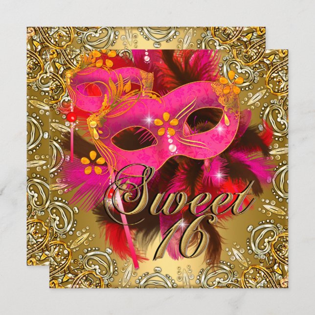 Sweet Sixteen 16 Masquerade Coral Pink Gold Invitation (Front/Back)