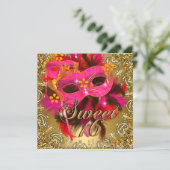 Sweet Sixteen 16 Masquerade Coral Pink Gold Invitation (Standing Front)