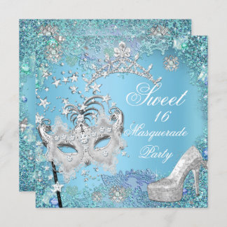 Sweet Sixteen 16 Masquerade Party Blue Tiara Shoe Invitation