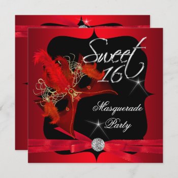 Sweet Sixteen 16 Masquerade Red Black Invitation by Zizzago at Zazzle