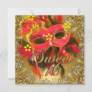 Sweet Sixteen 16 Masquerade Red Yellow Gold Invitation