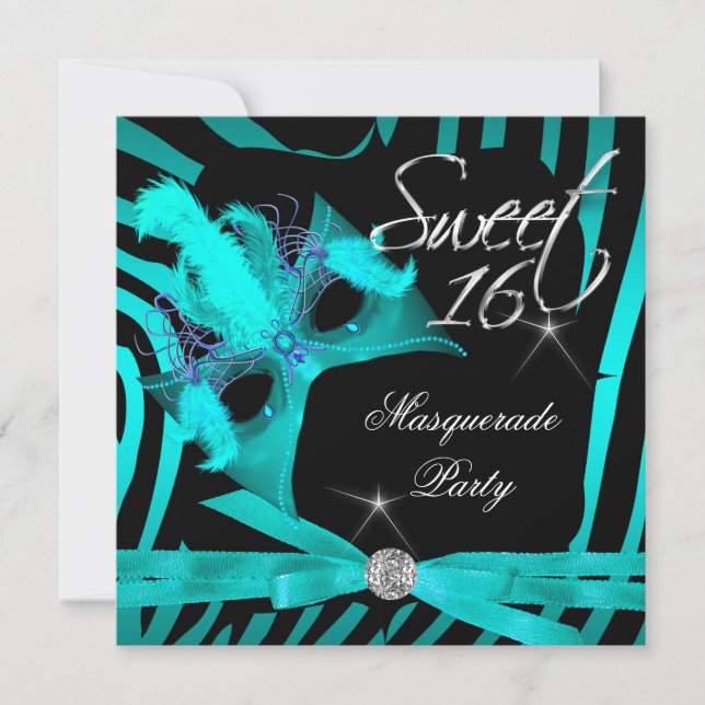 Sweet Sixteen 16 Masquerade Teal Zebra Invitation (Front)