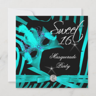 Sweet Sixteen 16 Masquerade Teal Zebra Invitation