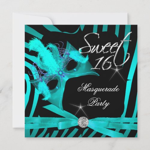Sweet Sixteen 16 Masquerade Teal Zebra Personalized Invitations
