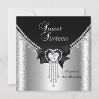 Sweet Sixteen 16 Party Black Silver Diamond 2 Invitation