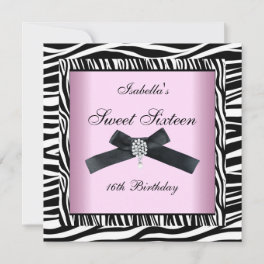 Sweet Sixteen 16 Party Pink Black White Zebra 5 Invitation