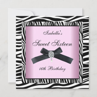 Sweet Sixteen 16 Party Pink Black White Zebra 5 Invitation
