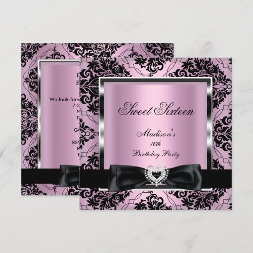 Sweet Sixteen 16 Party Pink Damask Silver Black Custom Announcements