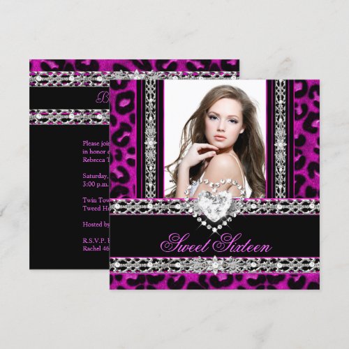 Sweet Sixteen 16 Party Pink Leopard Diamond Personalized Invitation