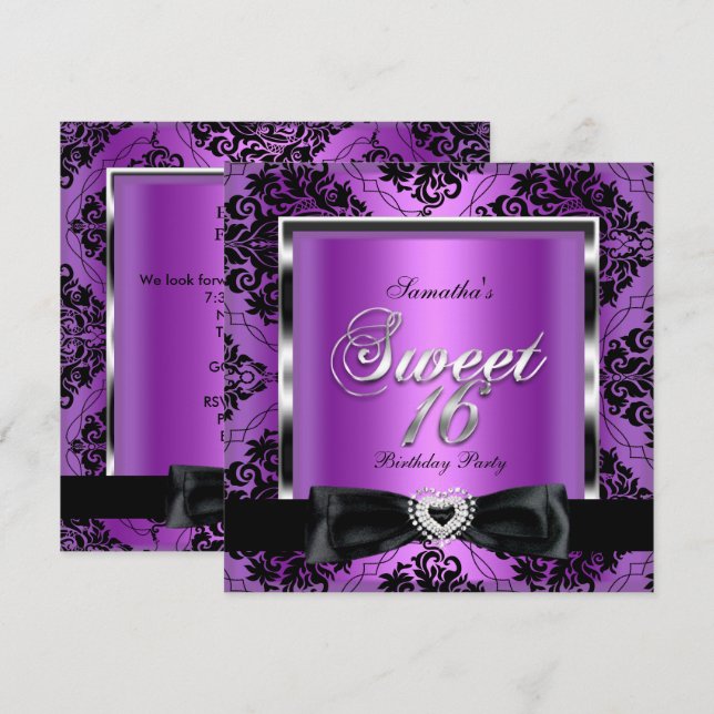 Sweet Sixteen 16 Party Purple Damask Silver Black Invitation (Front/Back)