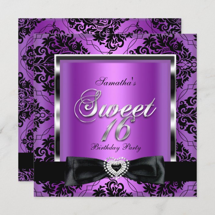 Sweet Sixteen 16 Party Purple Damask Silver Black Invitation
