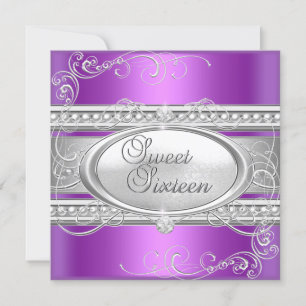 Sweet Sixteen 16 Party Purple White Silver Pearl Invitation